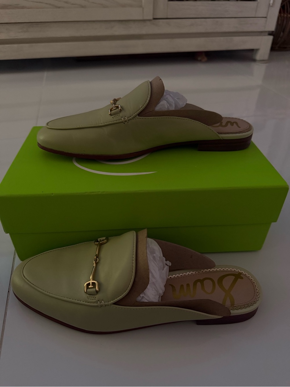 Sam Edelman Pale Green Leather Slip-On Mule with Gold Bit